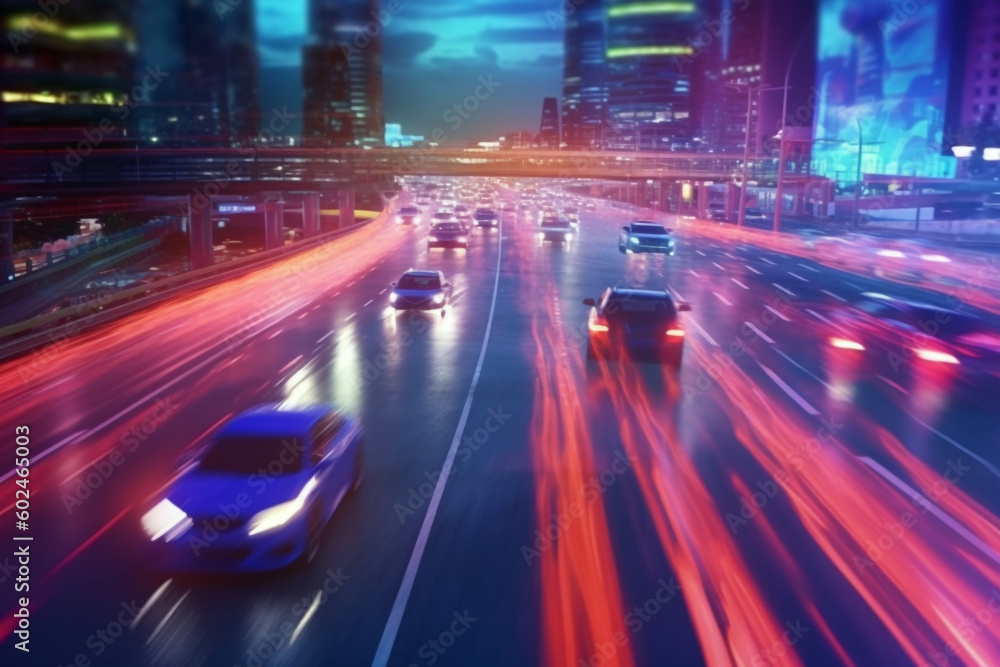 traffic at night Urban Rush Hour  Vibrant Light Trails on Busy Roads,  Generative AI