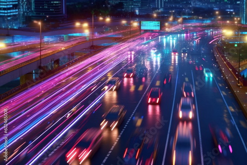 Urban Rush Hour  Vibrant Light Trails on Busy Roads,  Generative AI © Tahsin