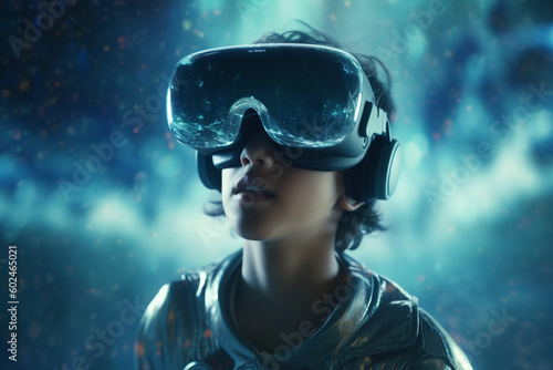 Virtual reality technology concept with young man using headset and exploring new worlds, Generative AI