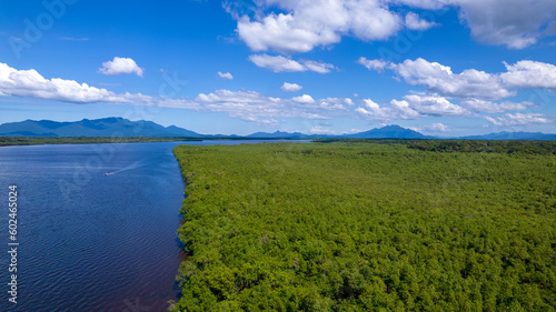 Aerial view of the city of Cananéia. Mangrove and sea at Ilha do Cardoso state park