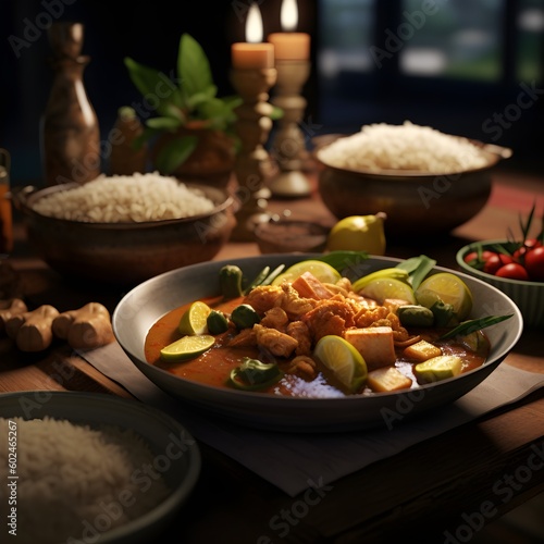 Delicious rice and curry traditional food in India and Asian. Chicken, Potato, garlic and many more spices. Created with Generative AI technology.