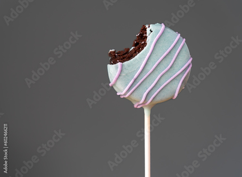 Colorful homemade chocolate cake pop with bite taken out of it.