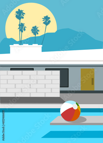 Retro-mid-century modern home and backyard with swimming pool in minimalist style #602466600