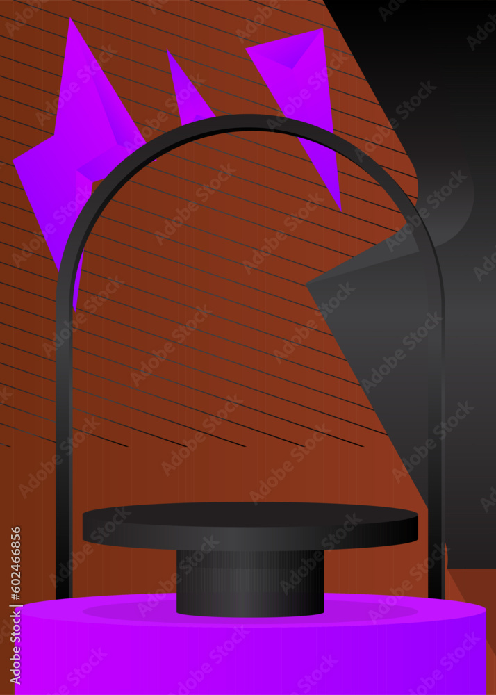Brown, Black and Purple product display. Mockup Stage showcase for presentation. Abstract cylinder pedestal podium. Vector minimal geometric forms, empty scene.