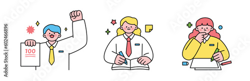 Education. Students studying hard and taking exams. Students who scored 100 points.