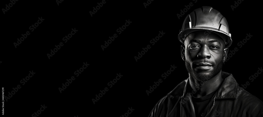 Black and white photorealistic studio portrait of a construction worker with hard hat on black background. Generative AI illustration