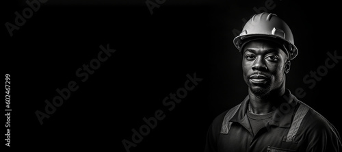 Black and white photorealistic studio portrait of a construction worker with hard hat on black background. Generative AI illustration