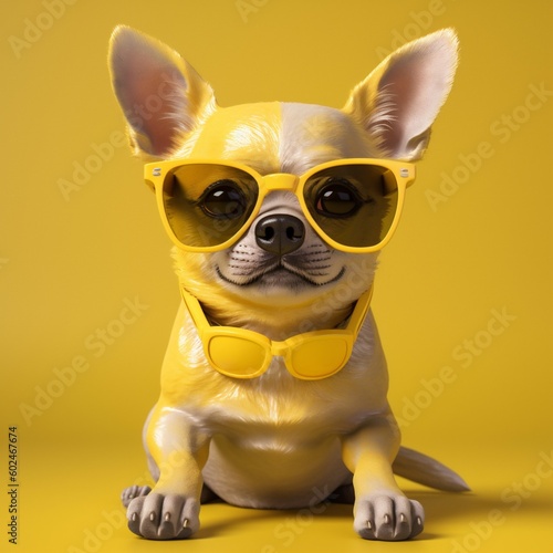 animal dog pet cute puppy glasses portrait yellow doggy background chihuahua. Generative AI. © SHOTPRIME STUDIO