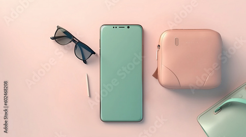 A smartphone, glasses, a clutch and a bag, on a pink background, top view, mock up, phone blank screen. Generative AI photo