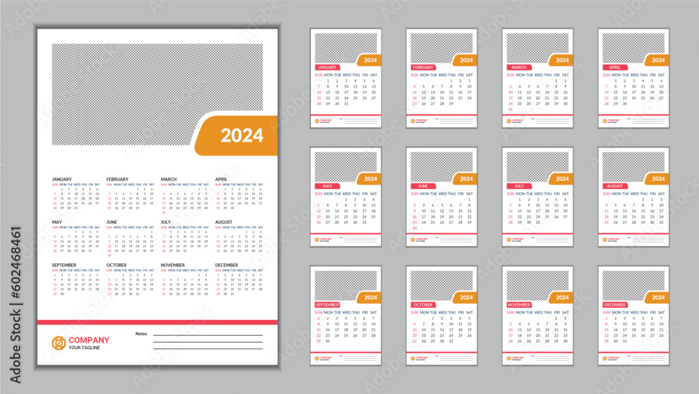 2024 Wall Calendar Design Template 11.69 in x 16.54 in with 0.25 in Bleed