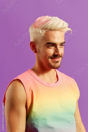 Young bleached hair profile view gay man 20s wearing rainbow sleeveless tee shirt waist up view isolated on plain pastel purple background studio portrait  Ai Generated