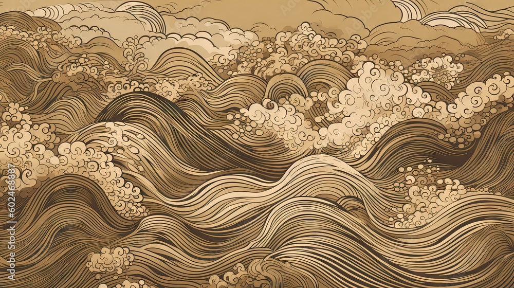 Traditional Japanese Ukiyoe beige and white detailing old map, wave influence Abstract, Elegant and Modern AI-generated illustration Traditional Japanese Ukiyoe beige and white detailing old map, wave influence Abstract, Elegant and Modern AI-generated illustration