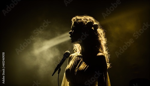 woman emerging in the shadows yellow light in the dark singer standing at a microphone stand abstract  Elegant and Modern AI-generated illustration