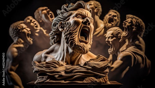 Sculpture of a man screaming loudly in unbearable suffering warm light and dark background Abstract, Elegant and Modern AI-generated illustration