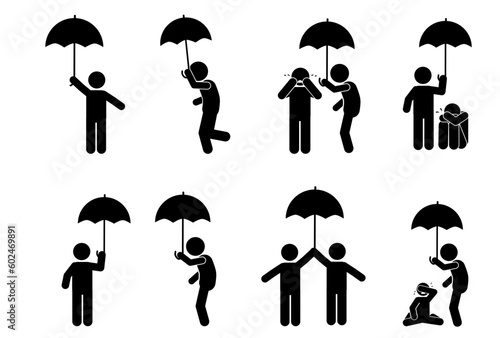 People with umbrellas. the rains. stick figure. pictogram, stickman and stick figure 