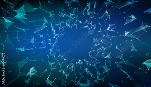 Abstract Low polygonal blue background with connecting dots and lines. Geometric low poly space. Connection structure. Science, cyberspace, medical, futuristic HUD background. Vector illustration.