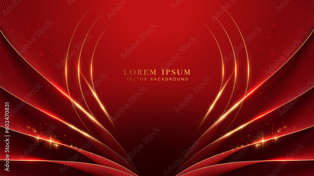Red luxury background with golden lines, gold circle frame and glitter light effects element decoration. Elegant style vector design - obrazy, fototapety, plakaty 