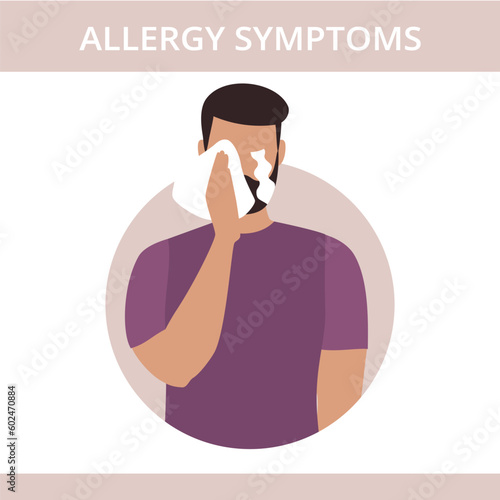 Seasonal allergy. Man with teary eyes. pollen and flowers allergy