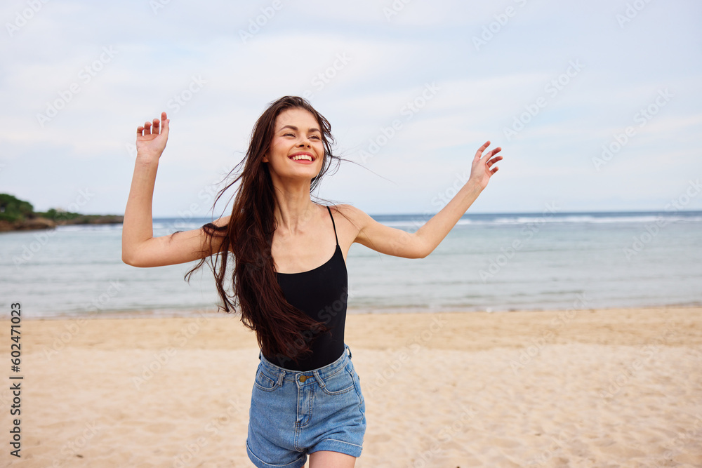woman sunset young smile summer travel beach sand sea running lifestyle woman sunset young smile summer travel beach sand sea running lifestyle