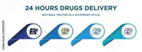 24 hours drugs delivery icon in 4 different styles such as filled, color, glyph, colorful, lineal color. set of vector for web, mobile, ui