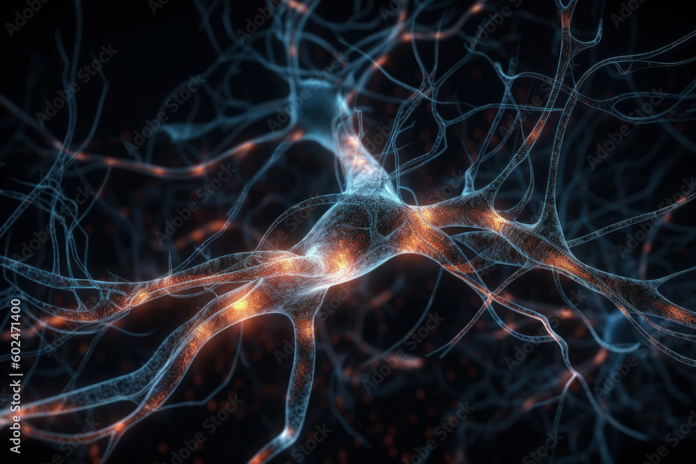 The human nervous system is illustrated with active nerve cells and synapses, representing the body's impulse and sensory functions. Perfect for medical and science concepts. AI Generative.