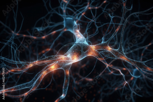 The human nervous system is illustrated with active nerve cells and synapses, representing the body's impulse and sensory functions. Perfect for medical and science concepts. AI Generative.