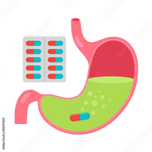 Medicine capsules with stomach in flat design on white background. Gastric stomach.