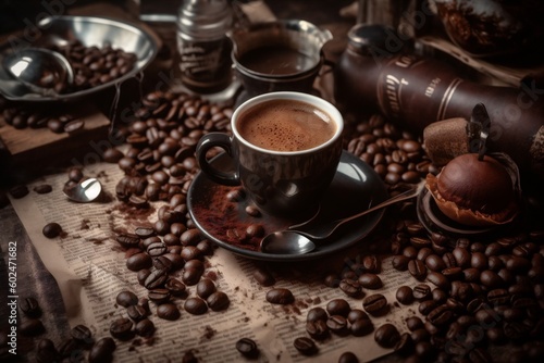 aroma bean espresso breakfast morning brown cup cafe mug drink. Generative AI.