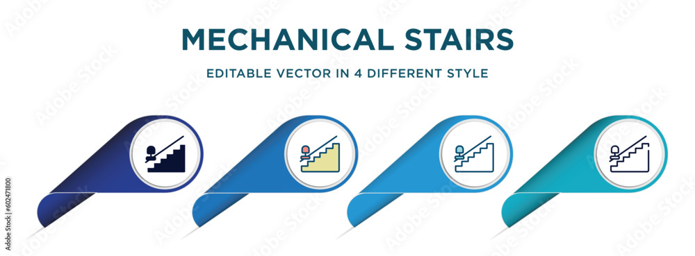 mechanical stairs going down icon in 4 different styles such as filled ...