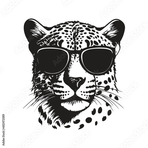 cheetah wearing sunglasses, vintage logo line art concept black and white color, Fototapet