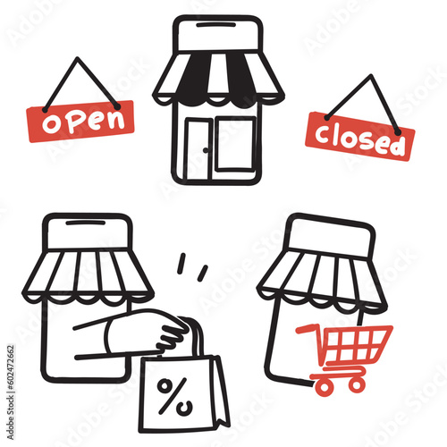 hand drawn doodle shop store related icon illustration