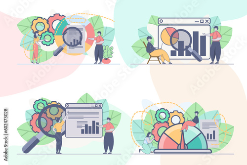 Set of web page design templates for Data analysis, business analytics. Online financial data analysis web page composition with people characters. Modern vector illustration concepts