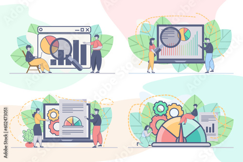 Set of web page design templates for Data analysis, business analytics. Online financial data analysis web page composition with people characters. Modern vector illustration concepts