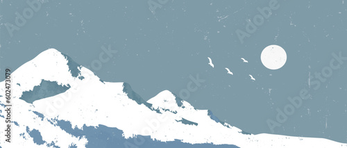 Abstract blue mountain landscapes illustration. Mid century modern minimalist art print. Abstract contemporary aesthetic backgrounds landscapes