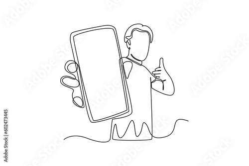 Continuous one line drawing Happy people showing mobile phone screens. Holding smartphone. Smartphone concept. Single line draw design vector graphic illustration.