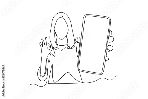 Continuous one line drawing Happy people showing mobile phone screens. Holding smartphone. Smartphone concept. Single line draw design vector graphic illustration.