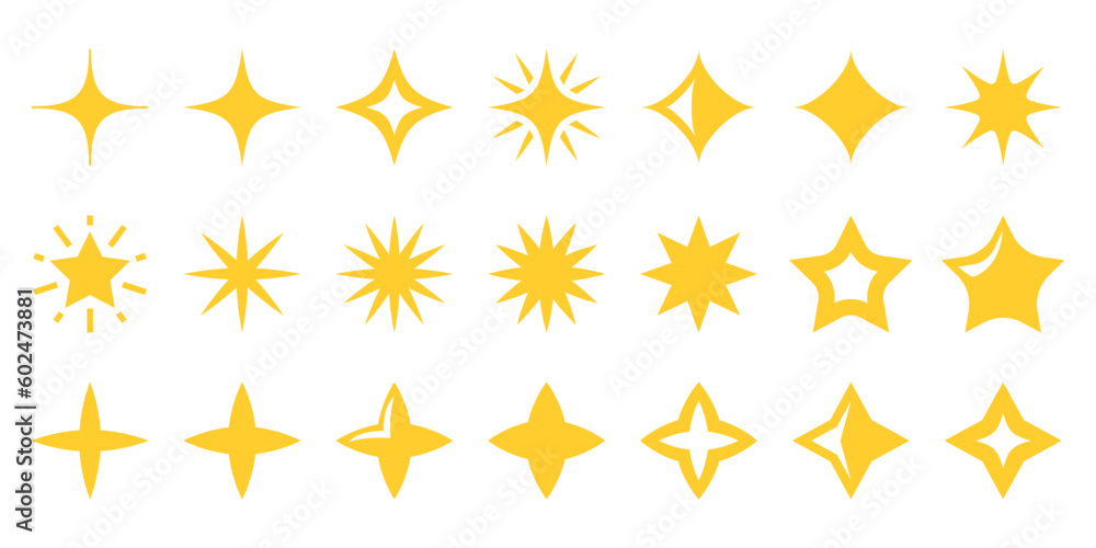 Yellow stars and sparkles icon set isolated on white background. Collection of twinkling stars of various shapes. Vector design elements in flat style Yellow stars and sparkles icon set isolated on white background. Collection of twinkling stars of various shapes. Vector design elements in flat style