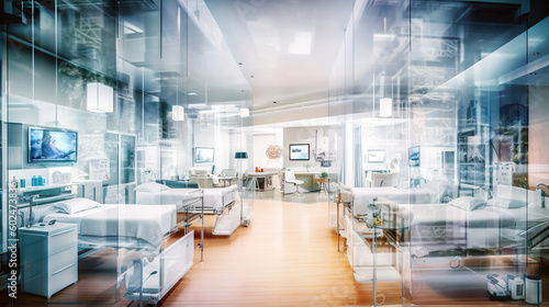 medical or healthcare hotel room concept with medical equipments and hospital beds, contemporary glass, light aquamarine and light amber background
