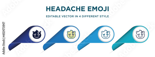 headache emoji icon in 4 different styles such as filled, color, glyph, colorful, lineal color. set of vector for web, mobile, ui