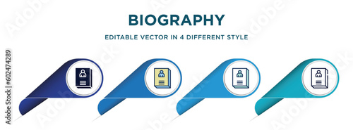biography icon in 4 different styles such as filled, color, glyph, colorful, lineal color. set of vector for web, mobile, ui