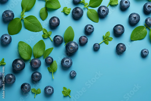 Fresh juicy blueberries with green leaves on blue background. blueberry background