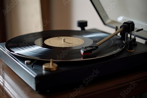 listening to music from vinyl record. Playing music from analog disk on turntable player