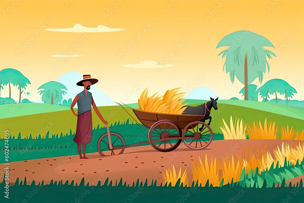 Indian agriculture working. Farmer harvesting in field asia vector ...