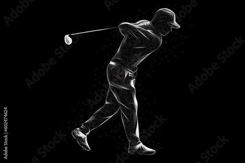 Abstract silhouette of a golf player on black background. Golfer man hits the ball. illustration
