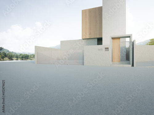 House with empty concrete floor for car park. 3d rendering of big area in modern home.