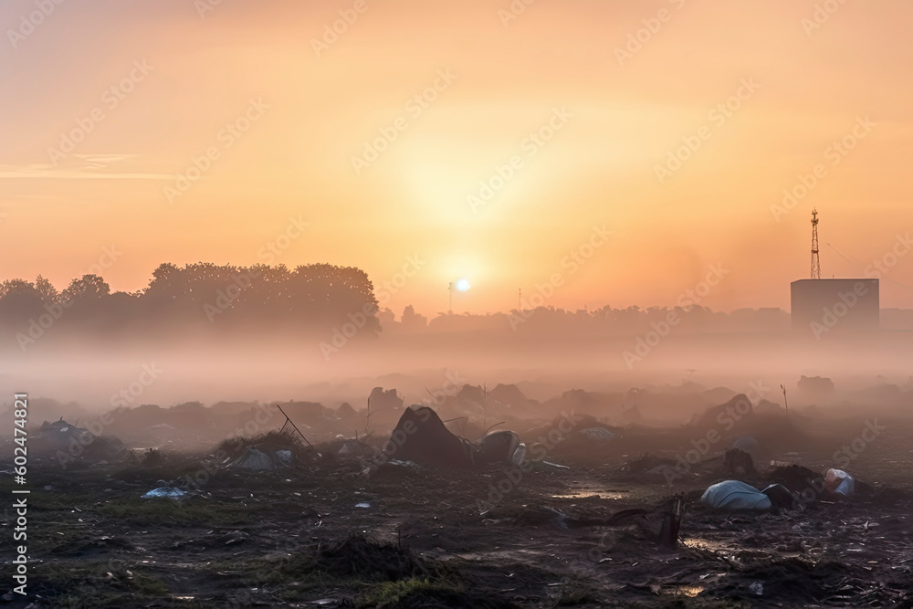 beautiful foggy dawn of the Sun over a huge field of urban garbage
