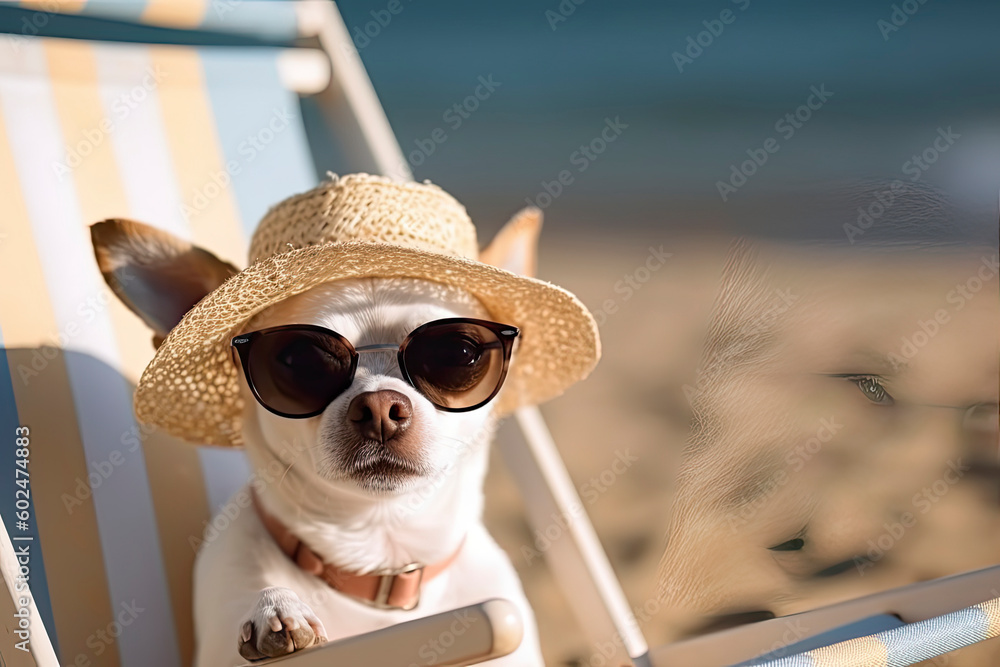 Chihuahua dog wearing hats and sunglasses lying in the beach chair. Summer Holidays concept