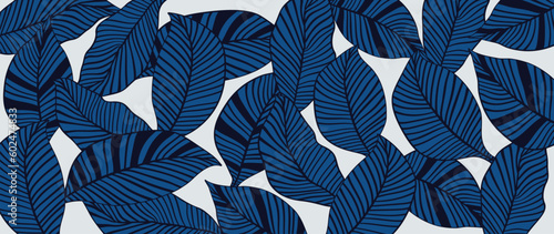 Blue leaf line art wallpaper background vector. Natural jungle leaves pattern design in minimalist linear contour simple style. Design for fabric, print, cover, banner, decoration.