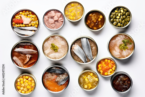 Different canned conserve products in tin cans. with fresh organic ingridients Saury, mackerel, sprats