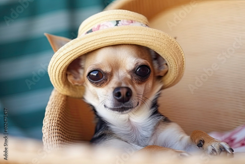 Chihuahua dog wearing hats and sunglasses lying in the beach chair. Summer Holidays concept